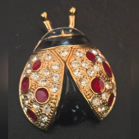 Roman Vintage Ladybug Brooch Bug Gold Rhinestones & Enamel EUC - Picture 5 of 6